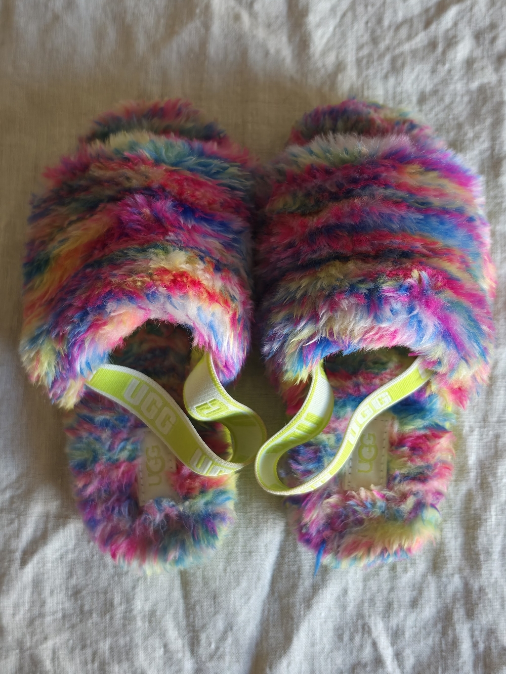 UGG Kids Rainbow Fuzzy Slide Sandals with Neon Slingback